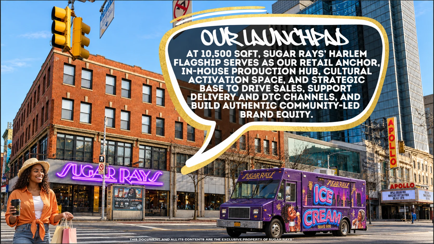 Sugar Rays Harlem flagship concept with a realistic purple ice cream truck, woman holding coffee, and original launchpad speech bubble